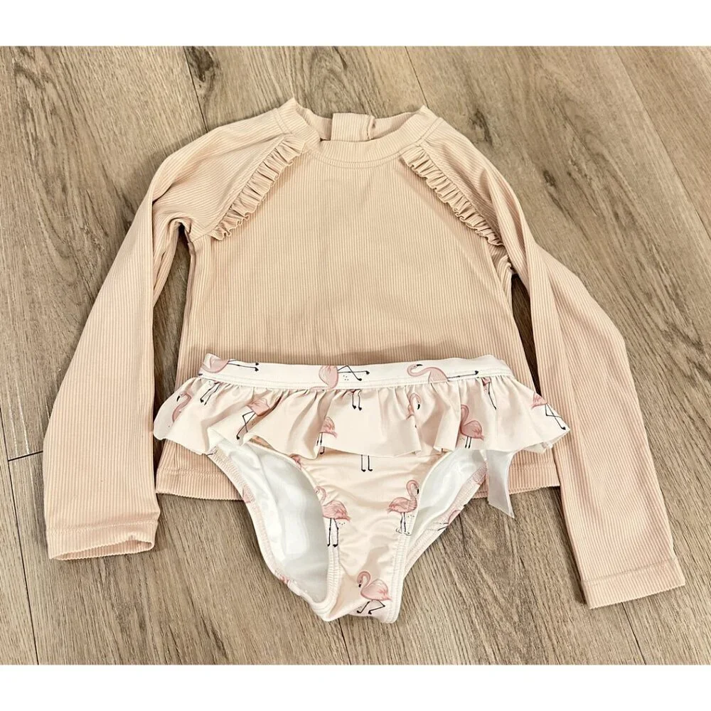 PETIT LEM Ribbed Long-Sleeve Rose Quartz & Flamingos Rashguard Set Size 2